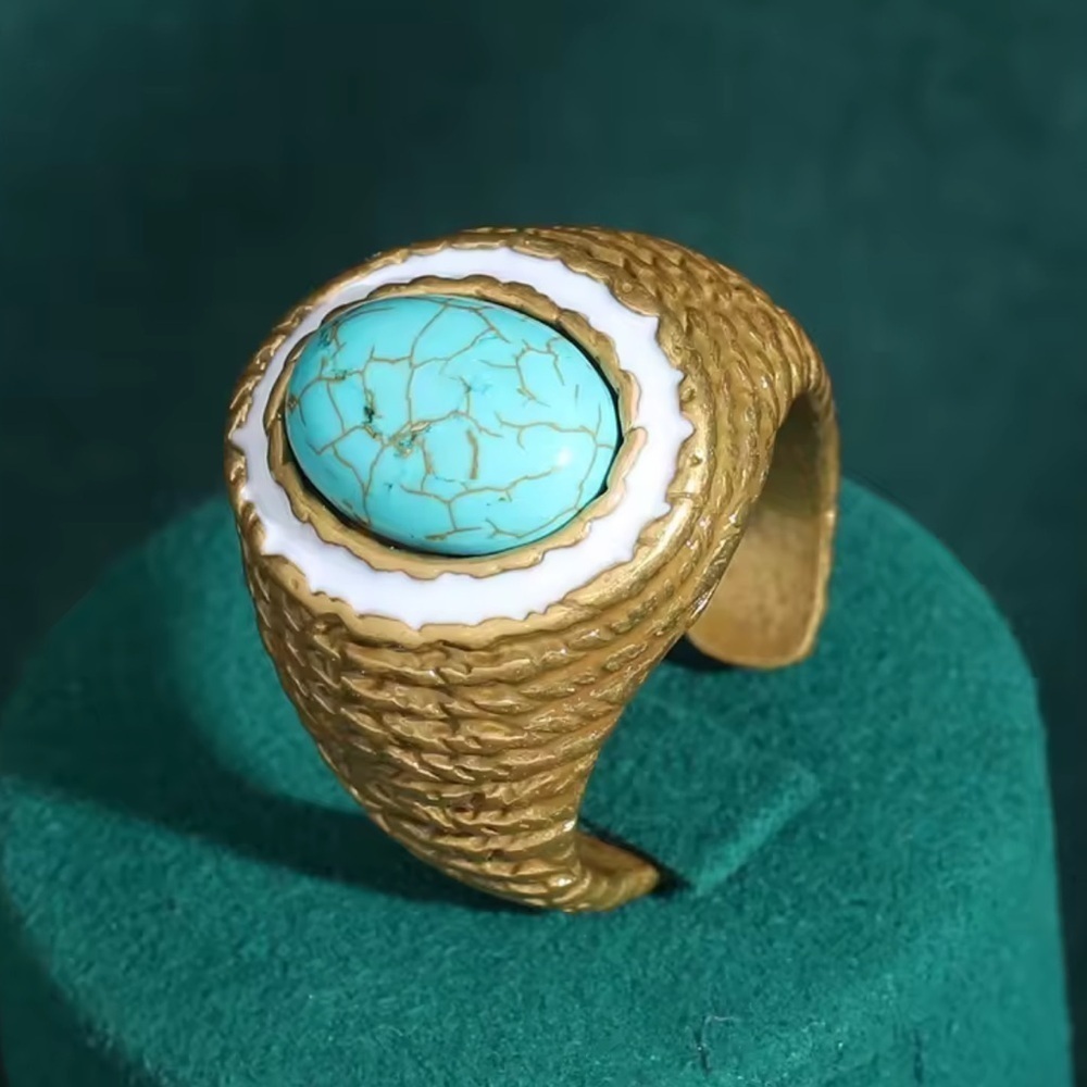 Vintage Turquoise & Enamel Gold Antique Brass Statement Ring Bold Retro Luxury
